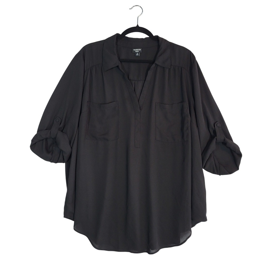 Torrid Harper Georgette Blouse Black Size 3 Roll Tab Sleeve Lightweight Sheer
